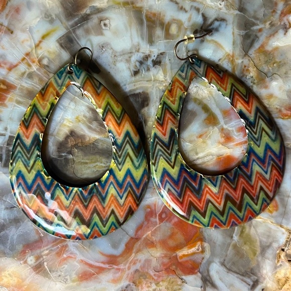 Green/ Orange Chevron Enamel Large Earrings - Picture 1 of 2